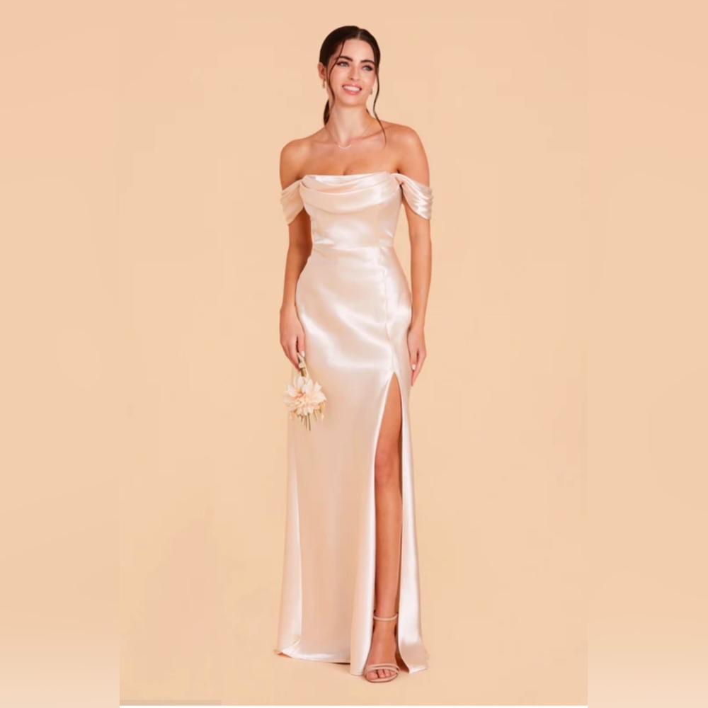 Mia Convertible Off The Shoulder Dress In Champagne Shiny Satin